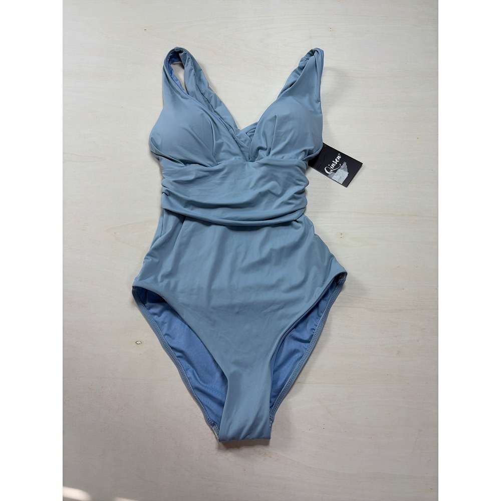 Qinsen Womens Ruched One Piece Swimsuit Blue V-Neck High Cut Size XS NWT